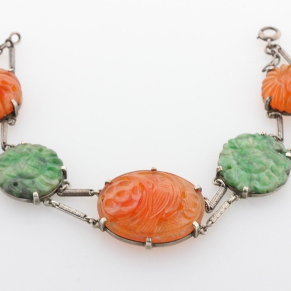 Sterling Silver Carved Floral Red Jadeite & Jade Hinged Bar Link Bracelet - 7.5" - Picture 1 of 8
